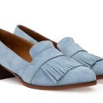 Ecommerce photography for Thelma Shoes, women's powder blue suede loafer with tassels