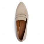 Product Photography for Thelma Shoes. Beige Suede loafer on white background.